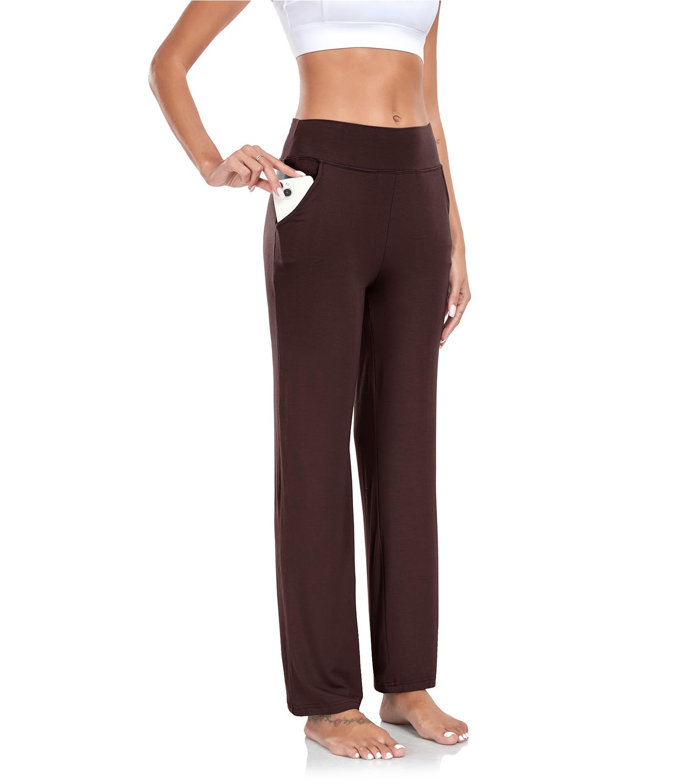 TownCat Women’s Yoga Pants with Pockets, High Waist Workout Bootcut Yoga Pants, Women's Soft Casual Gym Stretch (Dark Coffee, M)