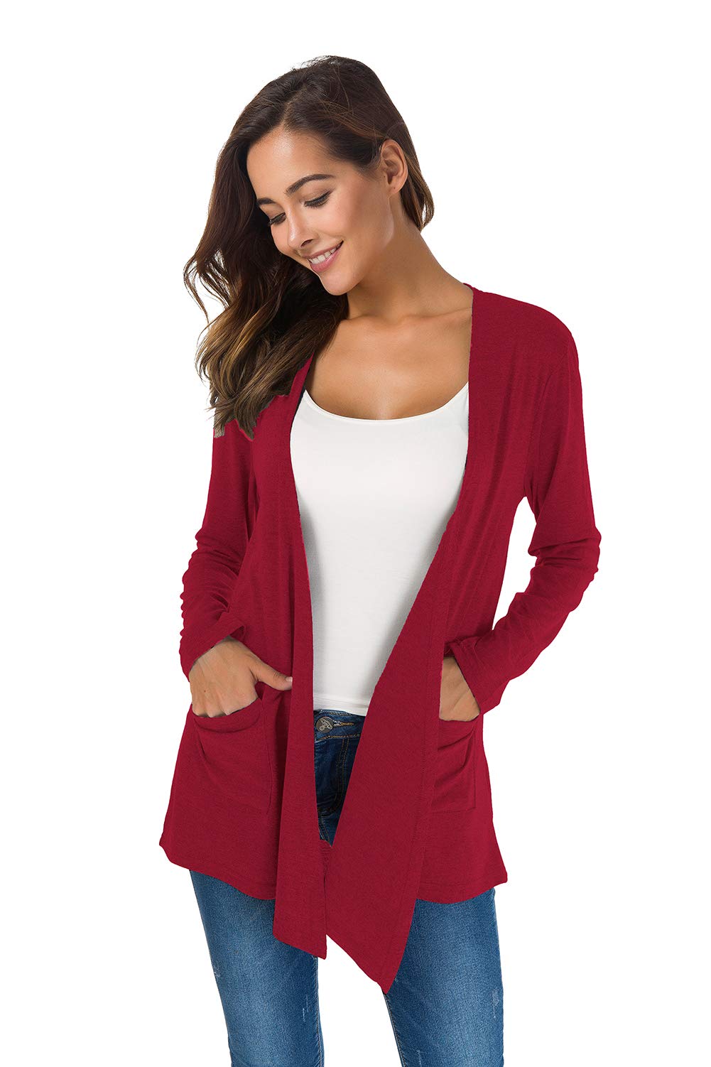 TownCat Cardigans for Women Loose Casual Long Sleeved Open Front Breathable Cardigans with Pocket (WineRed, S)