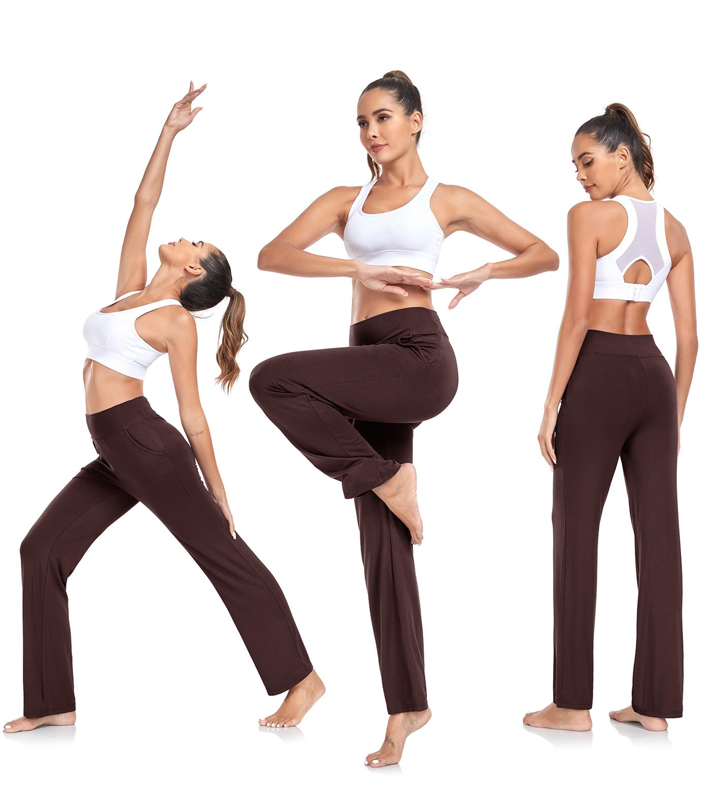 TownCat Women’s Yoga Pants with Pockets, High Waist Workout Bootcut Yoga Pants, Women's Soft Casual Gym Stretch (Dark Coffee, M)