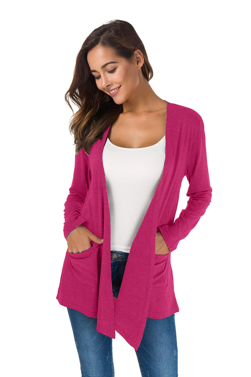 TownCat Cardigans for Women Loose Casual Long Sleeved Open Front Breathable Cardigans with Pocket (Rosered, S)