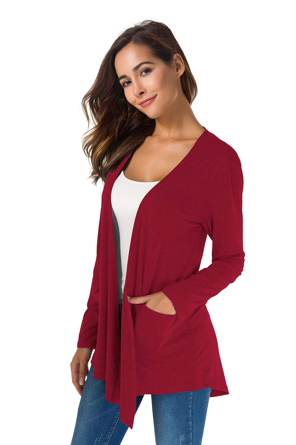 TownCat Cardigans for Women Loose Casual Long Sleeved Open Front Breathable Cardigans with Pocket (WineRed, S)