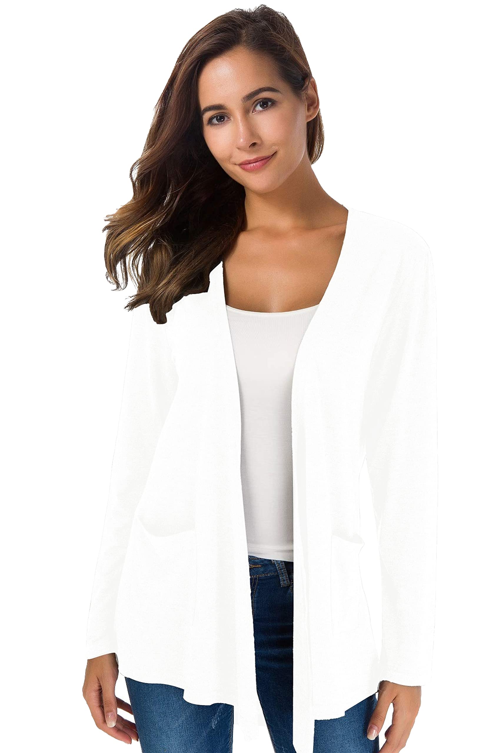 TownCat Cardigans for Women Loose Casual Long Sleeved Open Front Breathable Cardigans with Pocket (White, L)