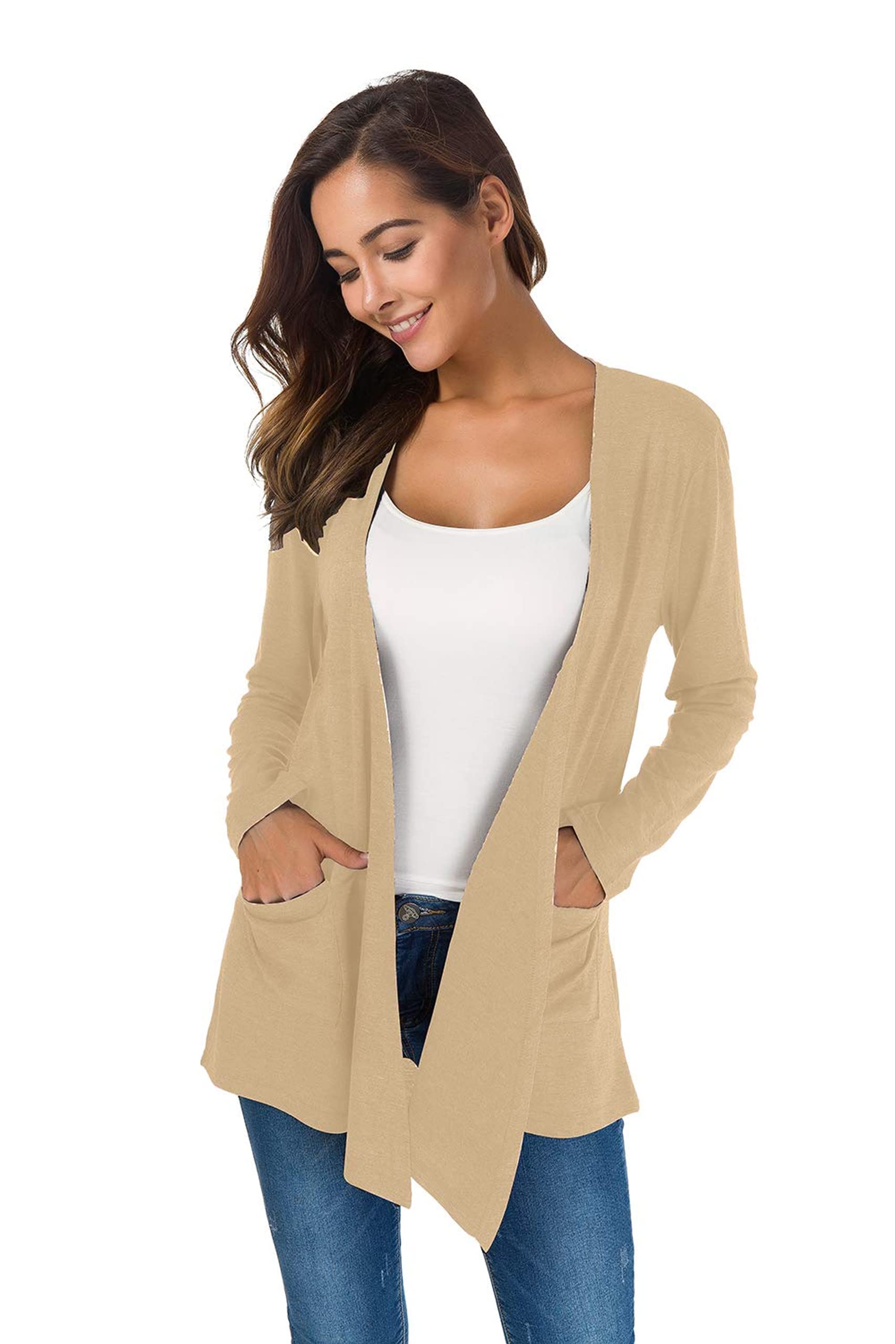 TownCat Cardigans for Women Loose Casual Long Sleeved Open Front Breathable Cardigans with Pocket (White-apricot, M)