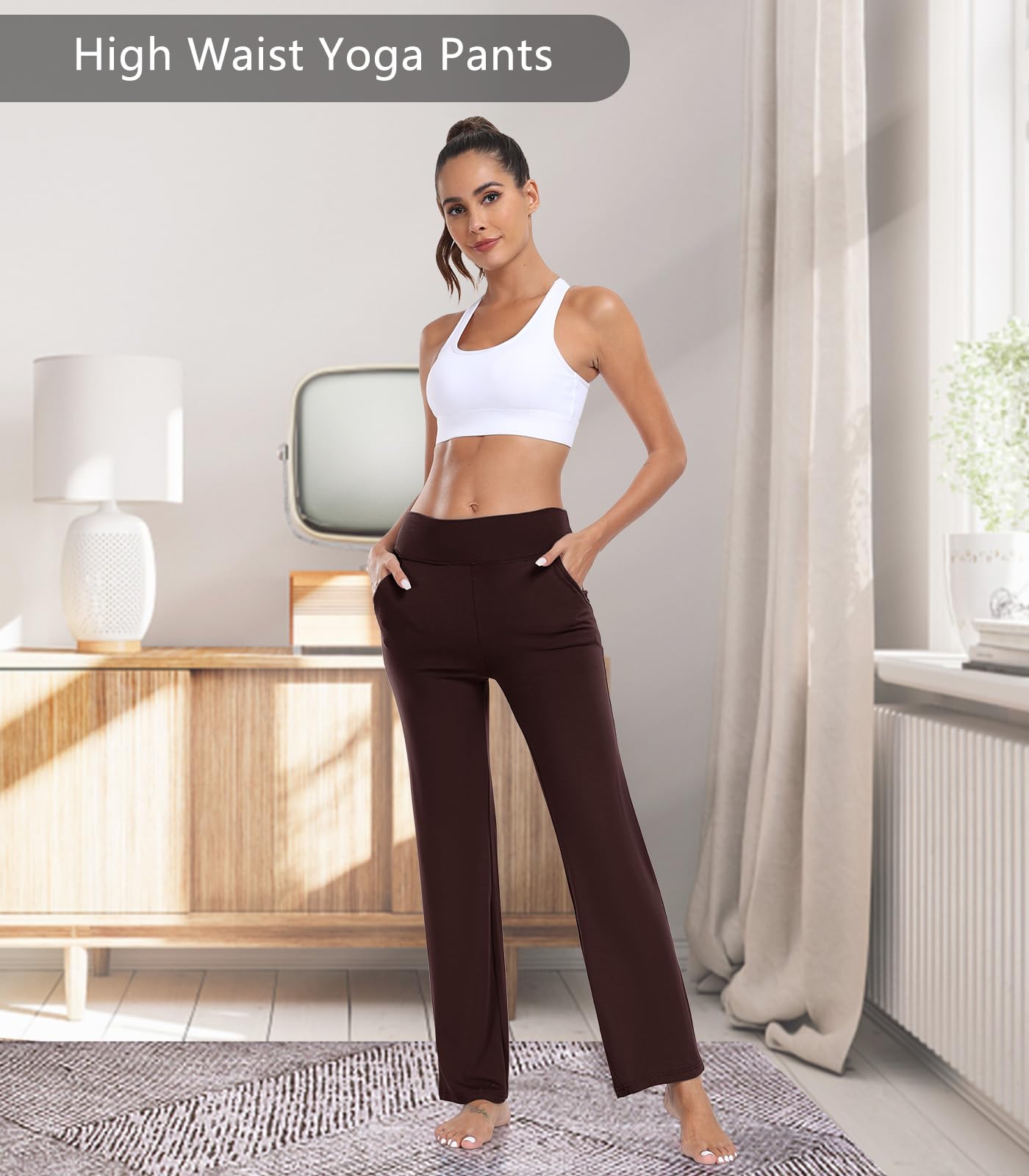 TownCat Women’s Yoga Pants with Pockets, High Waist Workout Bootcut Yoga Pants, Women's Soft Casual Gym Stretch (Dark Coffee, M)