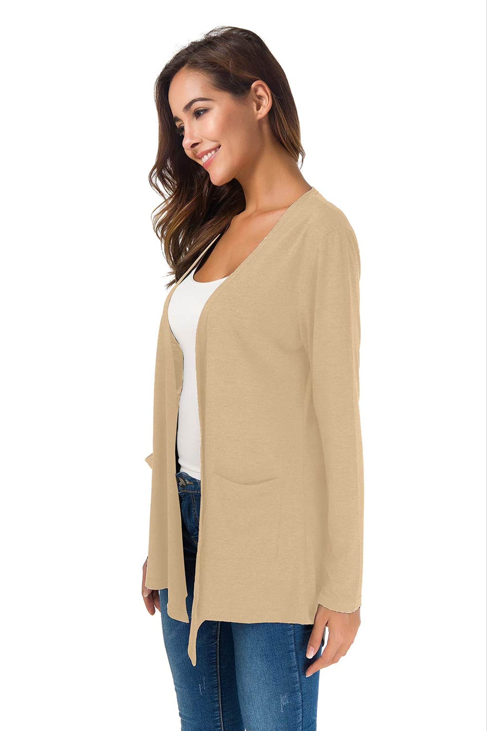 TownCat Cardigans for Women Loose Casual Long Sleeved Open Front Breathable Cardigans with Pocket (White-apricot, M)