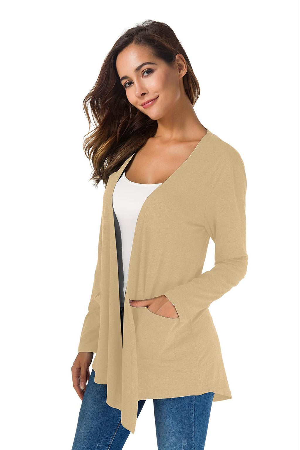 TownCat Cardigans for Women Loose Casual Long Sleeved Open Front Breathable Cardigans with Pocket (White-apricot, M)