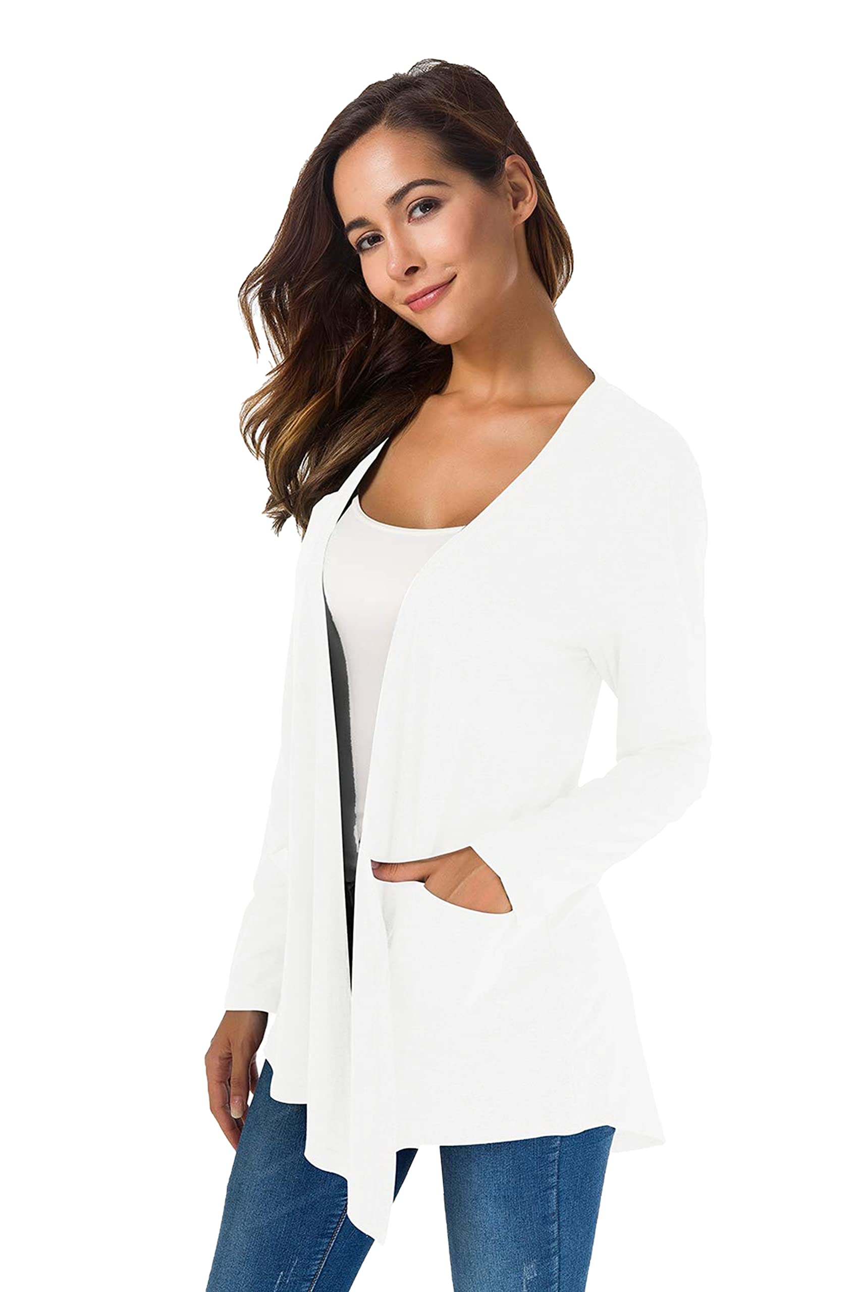 TownCat Cardigans for Women Loose Casual Long Sleeved Open Front Breathable Cardigans with Pocket (White, L)