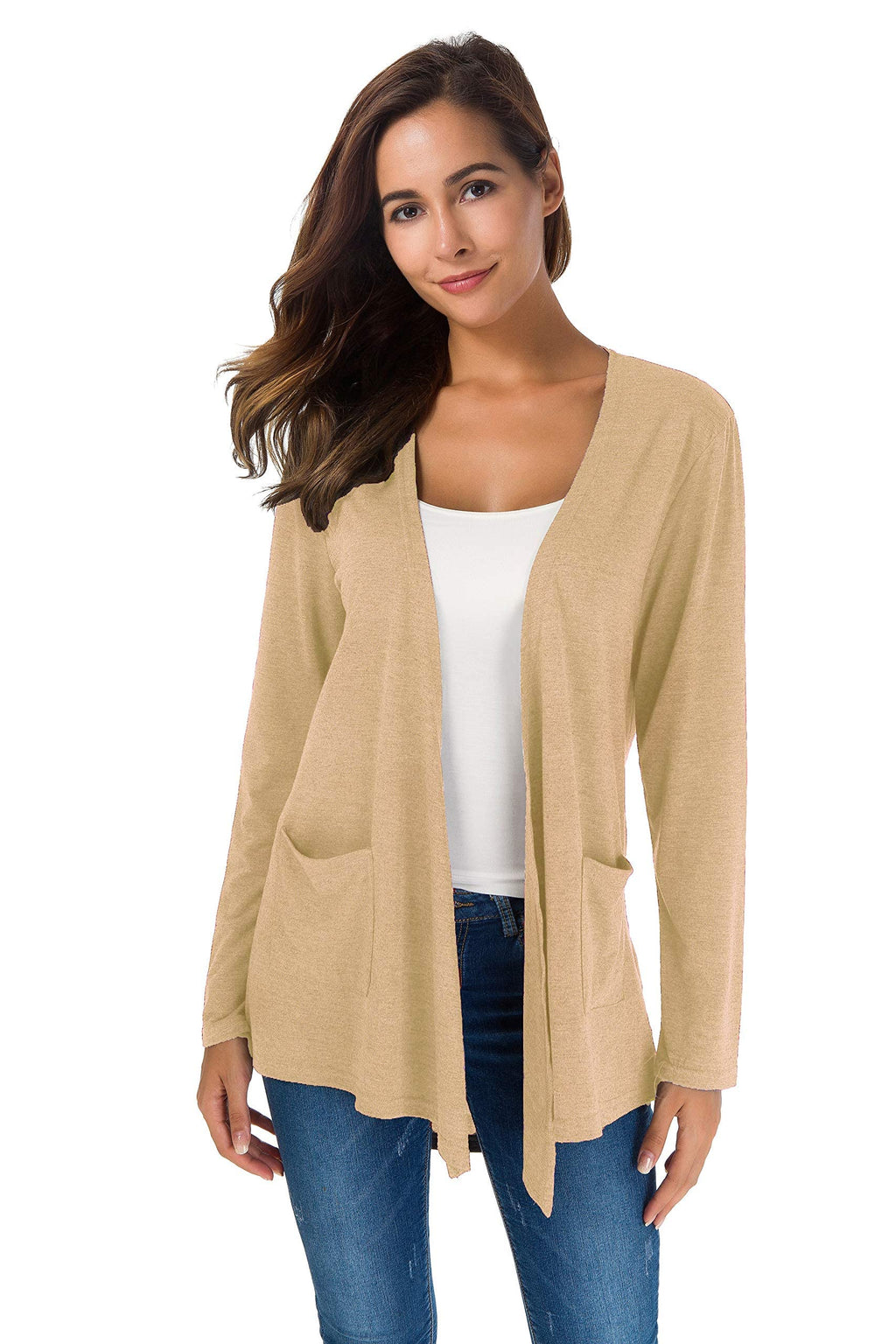 TownCat Cardigans for Women Loose Casual Long Sleeved Open Front Breathable Cardigans with Pocket (White-apricot, M)