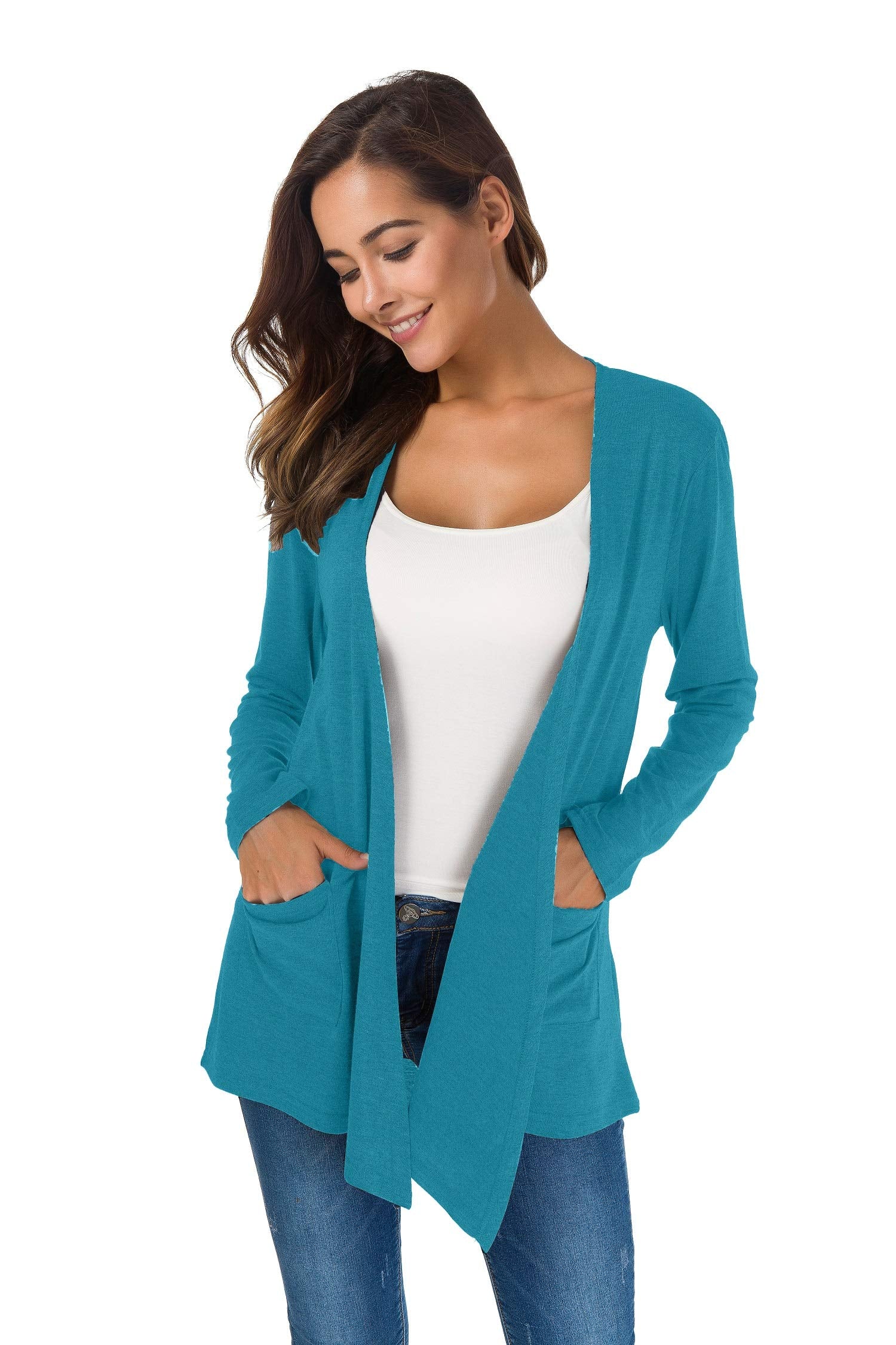 TownCat Cardigans for Women Loose Casual Long Sleeved Open Front Breathable Cardigans with Pockets (Blue-green, XL)