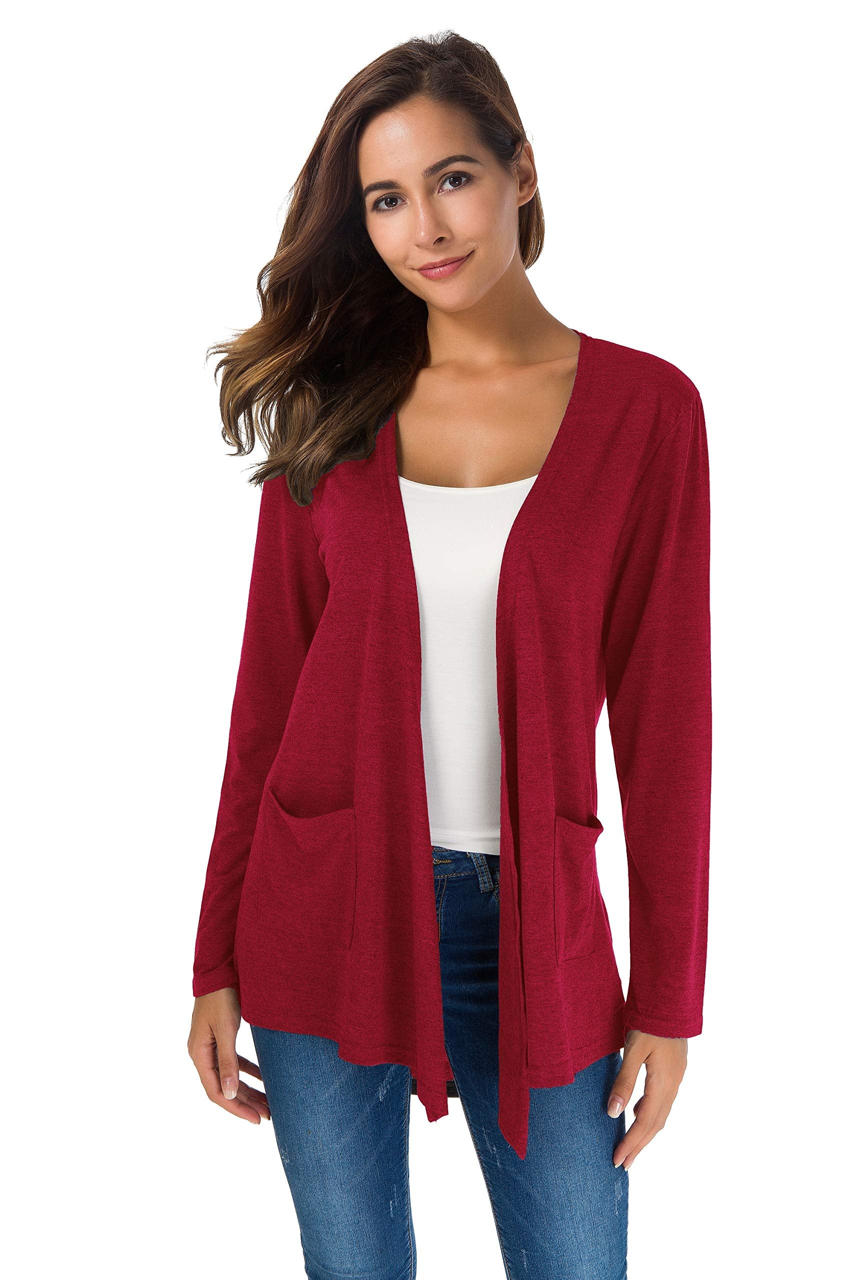 TownCat Cardigans for Women Loose Casual Long Sleeved Open Front Breathable Cardigans with Pocket (WineRed, S)