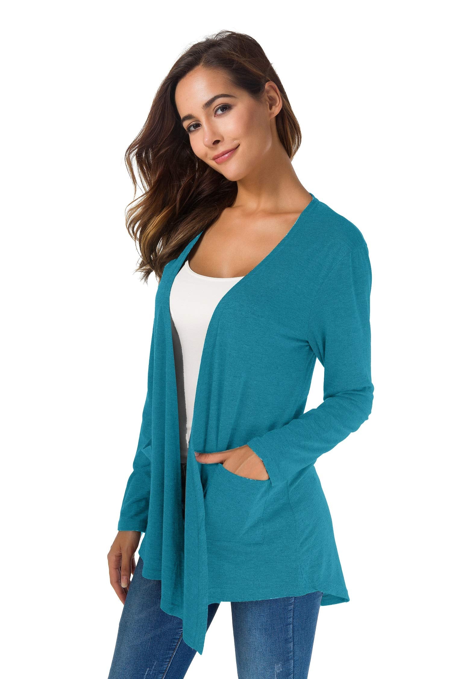 TownCat Cardigans for Women Loose Casual Long Sleeved Open Front Breathable Cardigans with Pockets (Blue-green, XL)