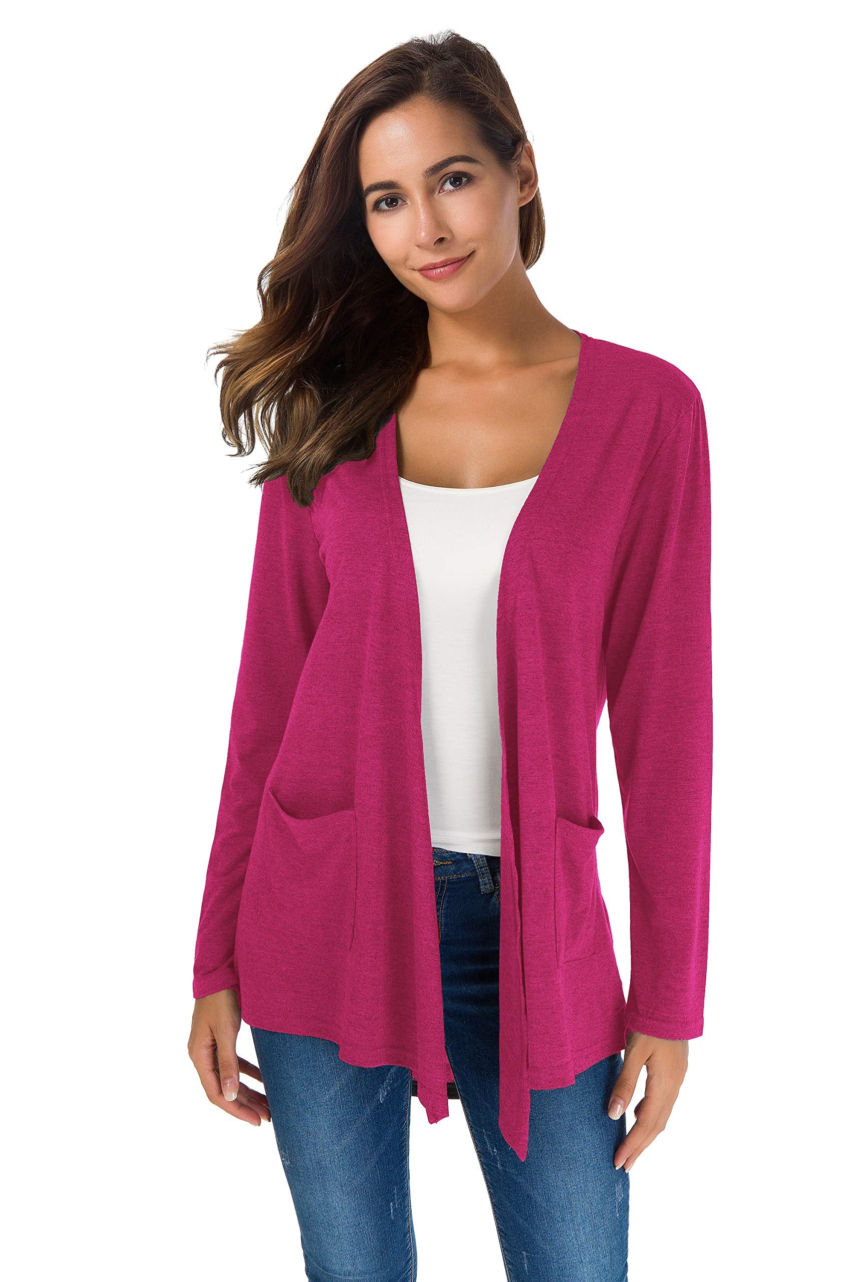TownCat Cardigans for Women Loose Casual Long Sleeved Open Front Breathable Cardigans with Pocket (Rosered, S)