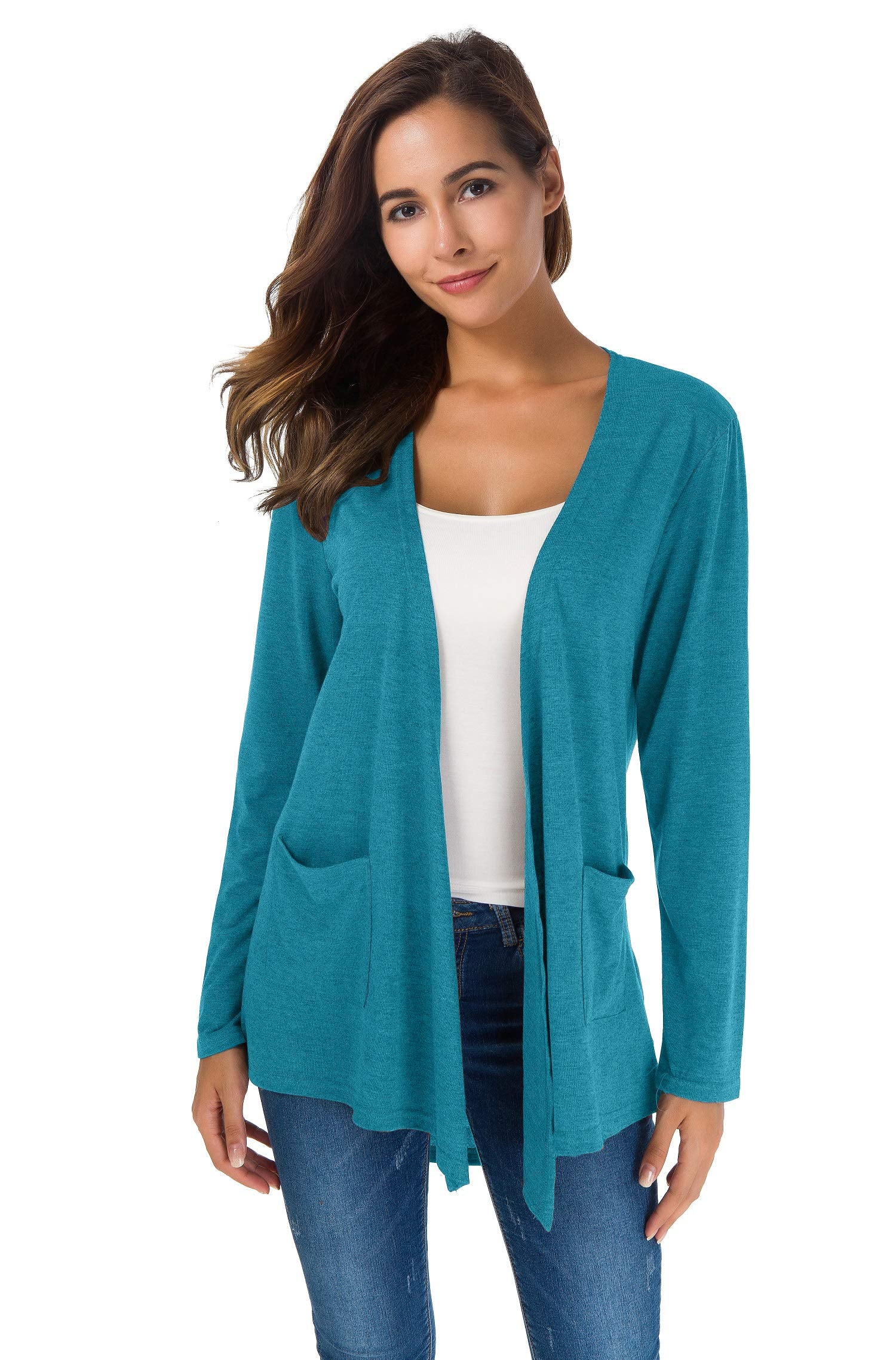 TownCat Cardigans for Women Loose Casual Long Sleeved Open Front Breathable Cardigans with Pockets (Blue-green, XL)